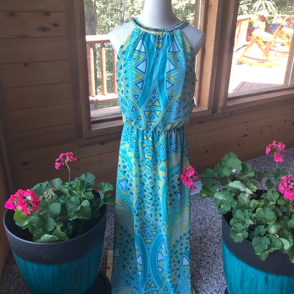 MSK Dresses & Skirts - MSK maxi Dress NWT size 6 Teal w/bling around neck